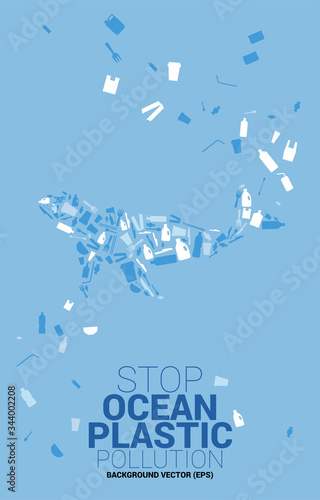 vector3006Whale shaped from plastic package and product icon. background for Ocean plastic pollution.Take care and save the environment. Say no to plastic