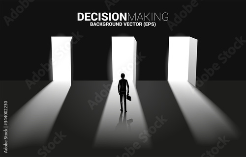 time to make decision in business direction. Silhouette of businessman standing to select door to enter