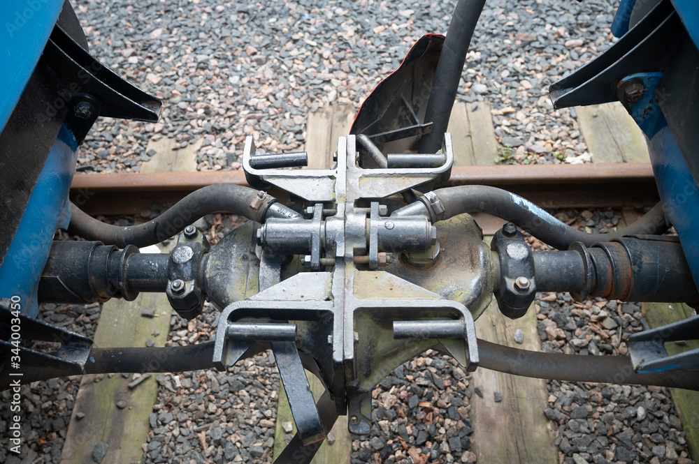 Closeup of train coupler connected to another coupler. Closeup of train coupler connected to another coupler.