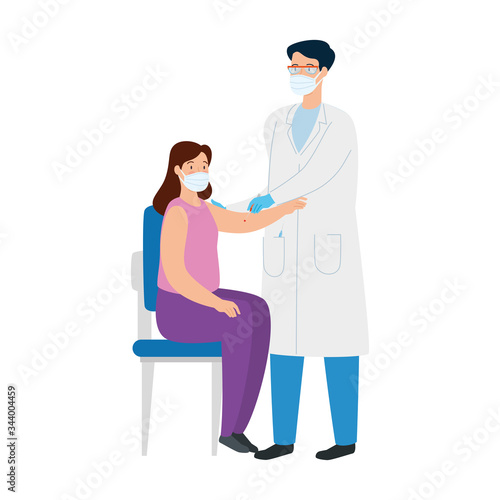 doctor vaccinating to woman using face mask vector illustration design