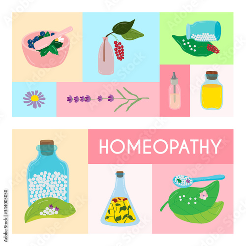 Color patern with inscription homeopathy, advertising, medical banner from set organic elements, design, flat vector illustration. Use flowers and plants in pharmaceutics as alternative treatment.