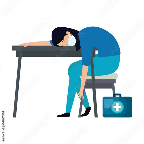 female paramedic sleeping on desk using face mask vector illustration design