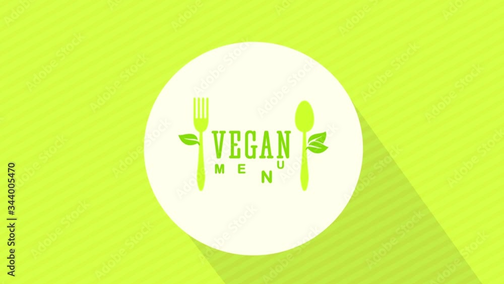Linear Scaling Animation Of Vegetarian And Vegan Food Restaurant Design With Eco Friendly Cutlery Graphics On White Circle Floating On Green Striped Background With A Long Shadow Linear Scaling Animation Of Vegetarian And Vegan Food Restaurant Design With Eco Friendly Cutlery Graphics On White Circle Floating On Green Striped Background With A Long Shadow