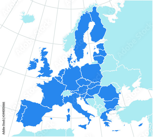 Europe map with the European Union. Highly detailed vector outlines, separate countries and graticule, rendered from public GIS data, in Albers Equal Area Conic projection.