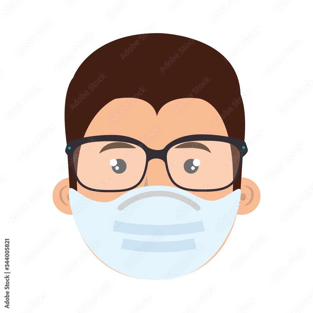 face of man using face mask with eyeglasses vector illustration design