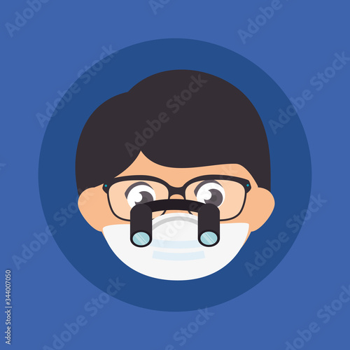 face of man using face mask with eyeglasses and binocular loupes vector illustration design