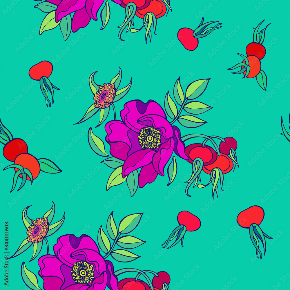 Background with berries, flowers and leaves of wild roses. Vector seamless pattern of rosehip
