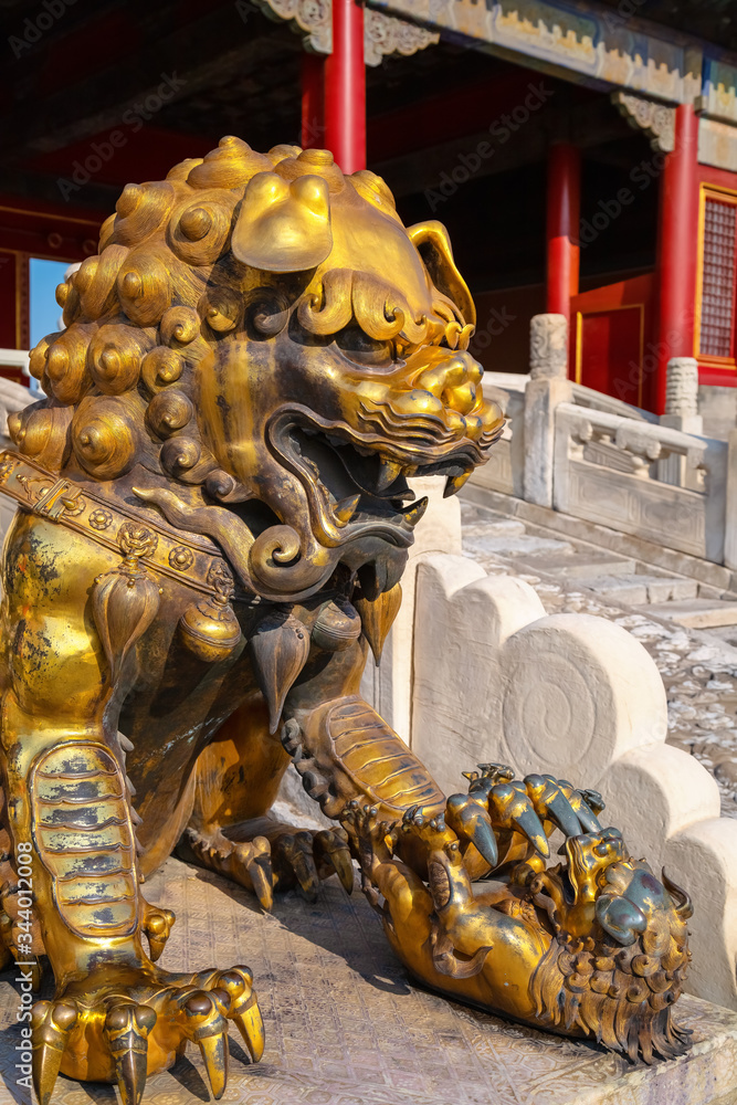 Fototapeta premium Lion sculptures at Qianqingmen gate - The Gate of Heavenly Purity in the Forbidden City, Beijing, China