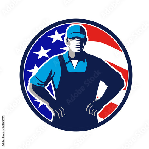 Illustration of an American supermarket, grocer or grocery worker wearing a surgical face mask, hat and overalls arms folded with USA stars and stripes flag set in circle done in retro style. 