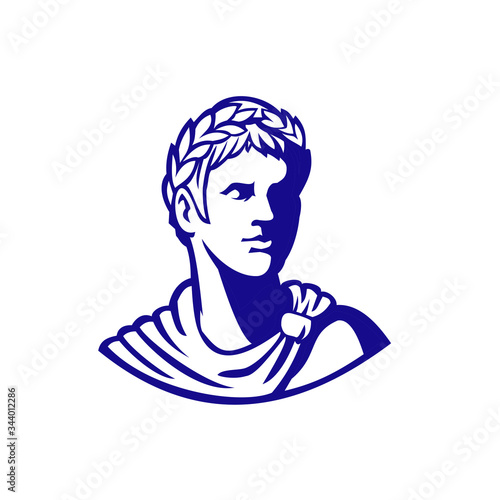 Mascot icon illustration of bust of an ancient Roman emperor, senator or Caesar, ruler of the Roman Empire during the imperial period wearing crown of laurel leaves looking to side in retro style. photo