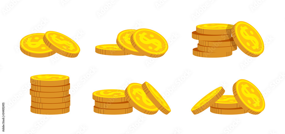 Pile gold coin flat cartoon set. Neat money piles, various bunche gold coins heap, Mountain bank currency. Pennies hundreds bunches, cash bundle. Isolated vector illustration Pile gold coin flat cartoon set. Neat money piles, various bunche gold coins heap, Mountain bank currency. Pennies hundreds bunches, cash bundle. Isolated vector illustration
