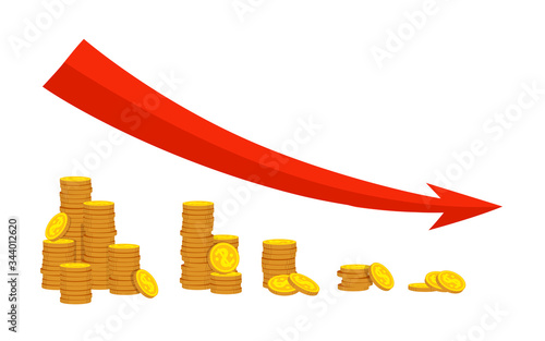 Stacks gold coin flat cartoon set. Falling chart financial schedule red arrow. Drop growth, decrease chart finance. Decrease business development, income decrease. Isolated vector illustration