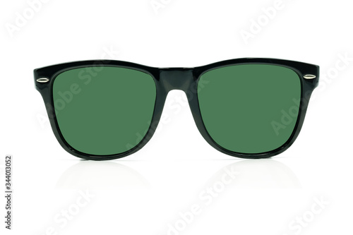 Front view of Cool sunglasses black plastic frame with mirror lens isolated on white background with clipping path. Accessory for wearing fashion protection sunlight. Tropical summer vacation concept.