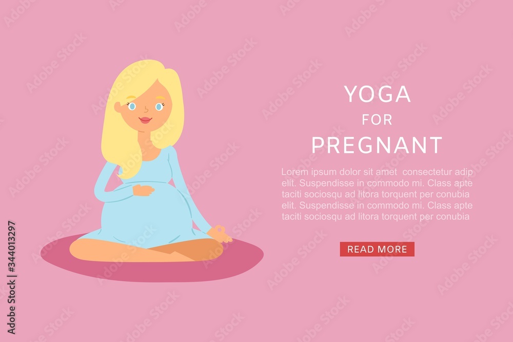 Pregnant woman doing yoga on a yoga mat vector illustration. Cute young lady in lotus pose and pregnancy yoga relaxation. Prenatal yoga class web banner. Pregnant woman doing yoga on a yoga mat vector illustration. Cute young lady in lotus pose and pregnancy yoga relaxation. Prenatal yoga class web banner.