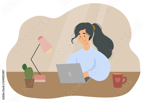 Work online from home during quarantine. Woman with a computer in a table. Freelancer or studying. Cute vector in a flat style. Social distancing and self-isolation during corona virus COVID-19.