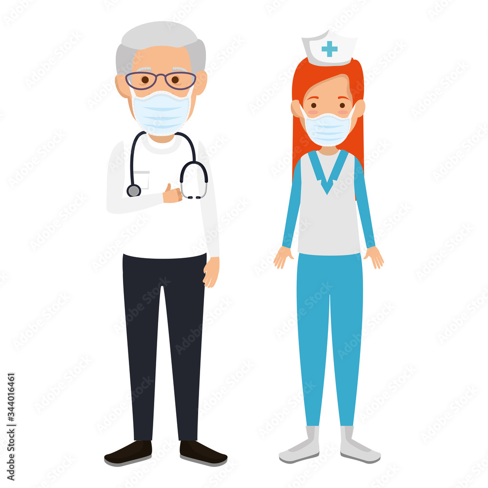 nurse with old doctor using face mask isolated icon vector illustration design nurse with old doctor using face mask isolated icon vector illustration design
