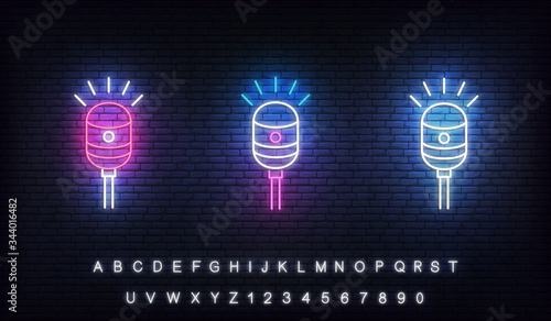 Set of neon microphones for podcast, stand up, comedy show