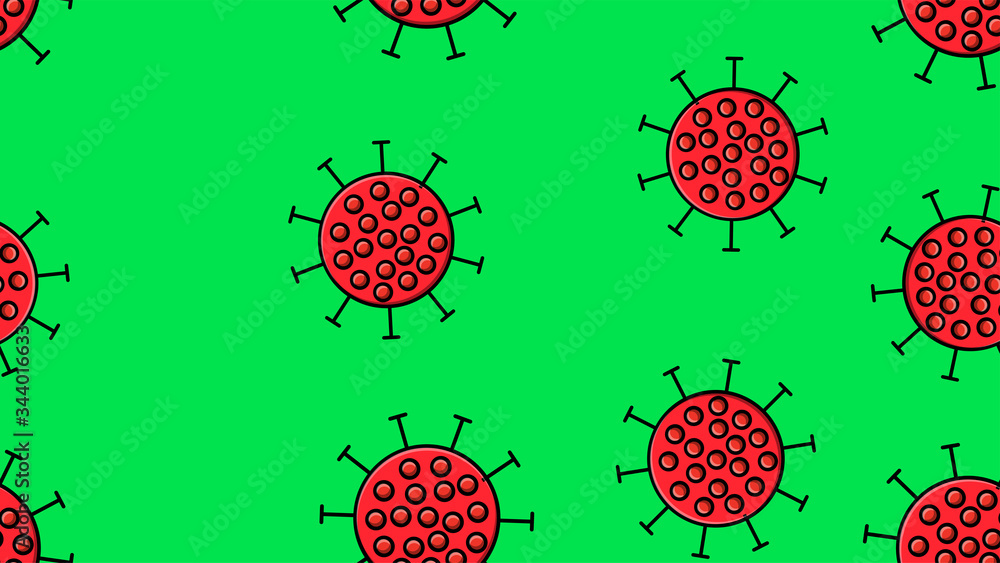 Endless seamless pattern of red dangerous infectious deadly respiratory coronaviruses pandemic epidemic, Covid-19 microbe viruses causing pneumonia on a green background Endless seamless pattern of red dangerous infectious deadly respiratory coronaviruses pandemic epidemic, Covid-19 microbe viruses causing pneumonia on a green background