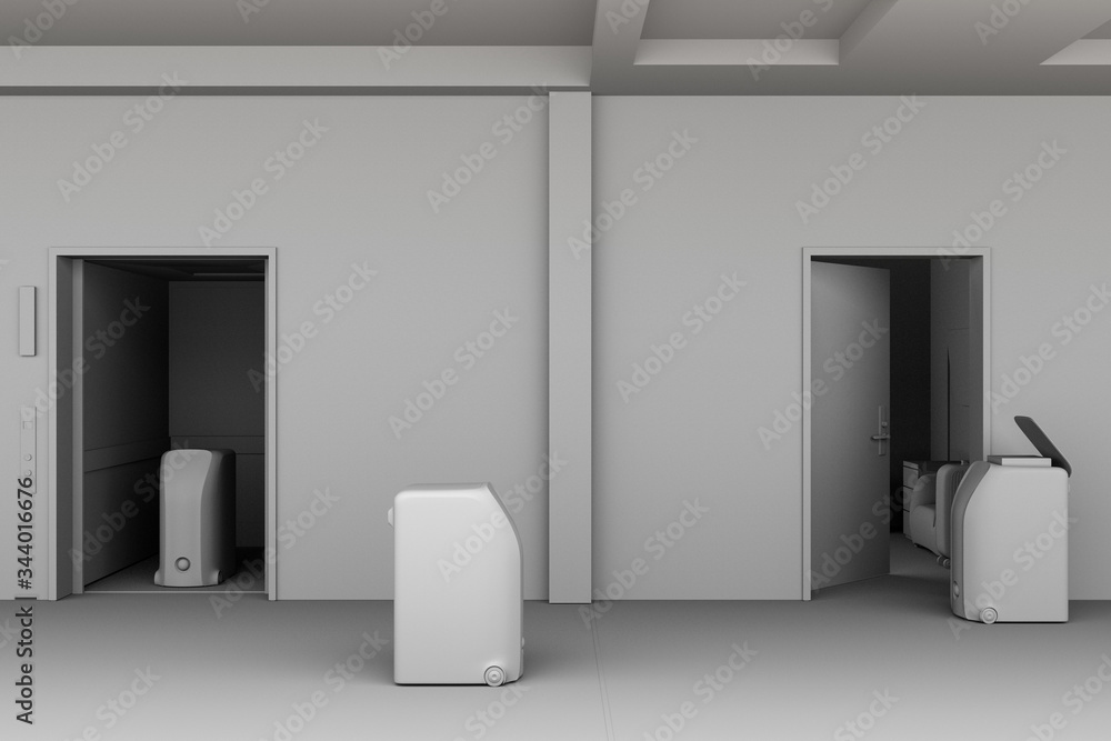 Clay rendering of delivery robots working in hotel. Touchless delivery concept. 3D rendering image. Clay rendering of delivery robots working in hotel. Touchless delivery concept. 3D rendering image.