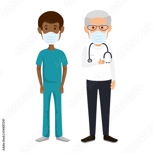 old doctor male with paramedic using face mask vector illustration design © Gstudio