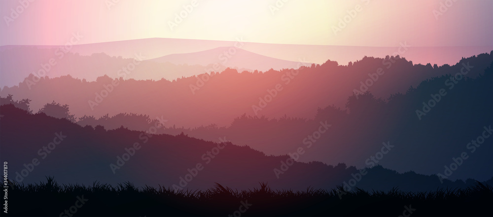 Natural forest mountains horizon hills silhouettes of trees. Evening Sunrise and sunset. Landscape wallpaper. Illustration vector style. Colorful view background. Natural forest mountains horizon hills silhouettes of trees. Evening Sunrise and sunset. Landscape wallpaper. Illustration vector style. Colorful view background.