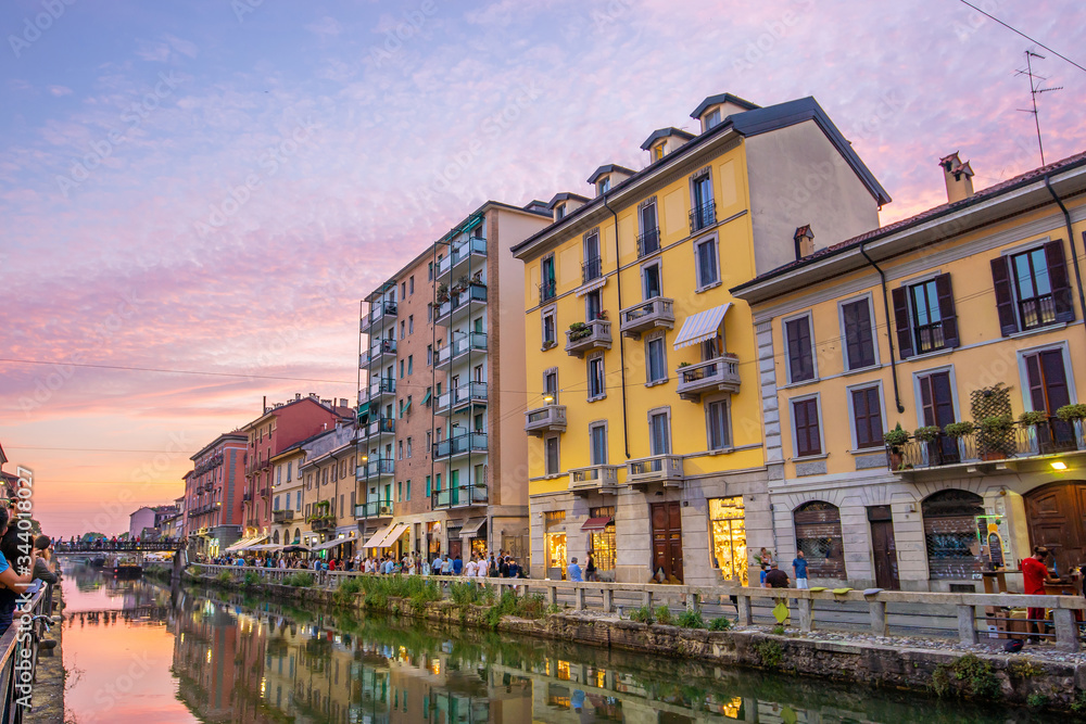 View of the crowded Naviglio Grande district in Milan