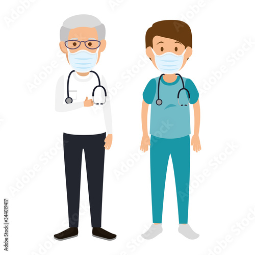 old doctor male with paramedic using face mask vector illustration design