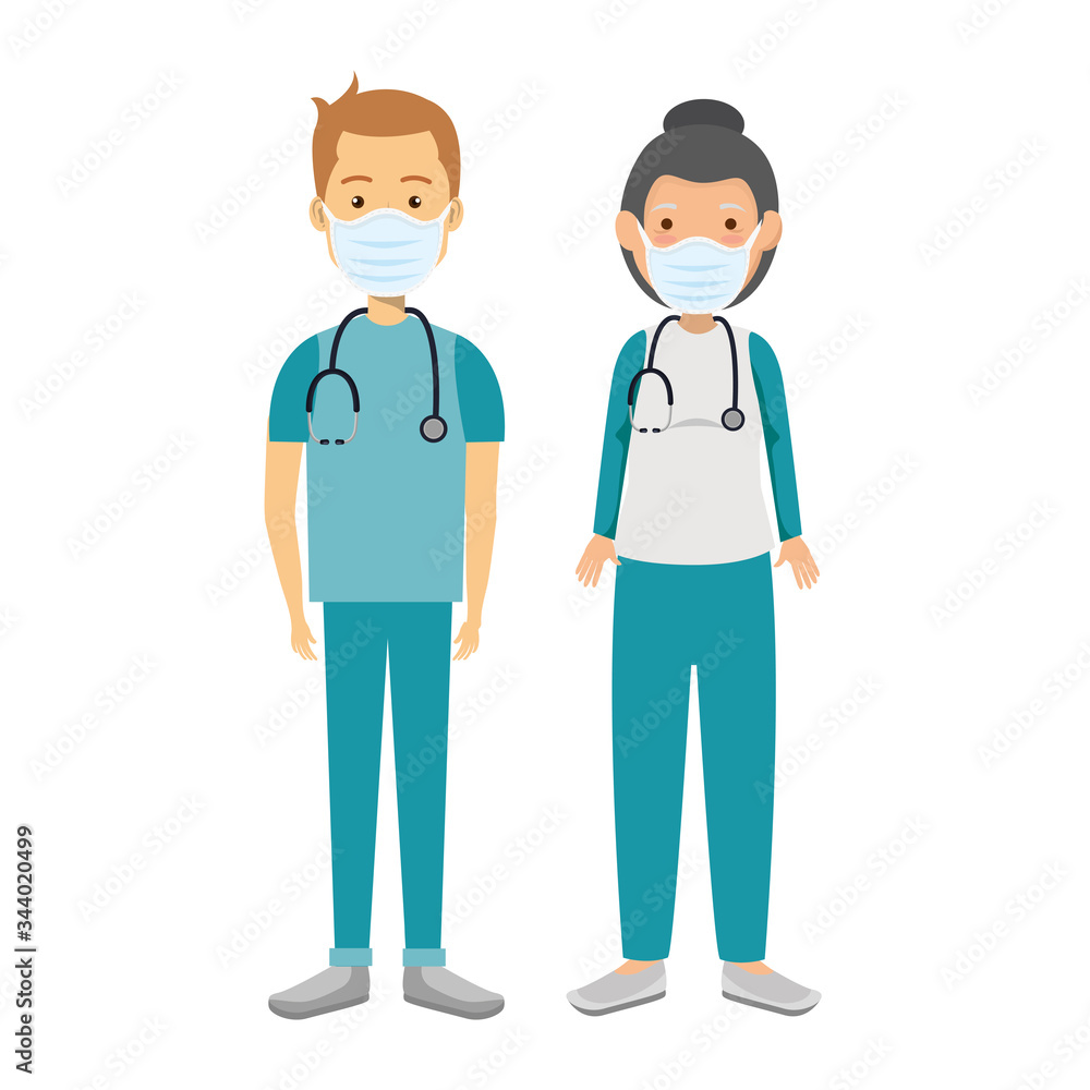 couple paramedics using face mask isolated icon vector illustration design couple paramedics using face mask isolated icon vector illustration design