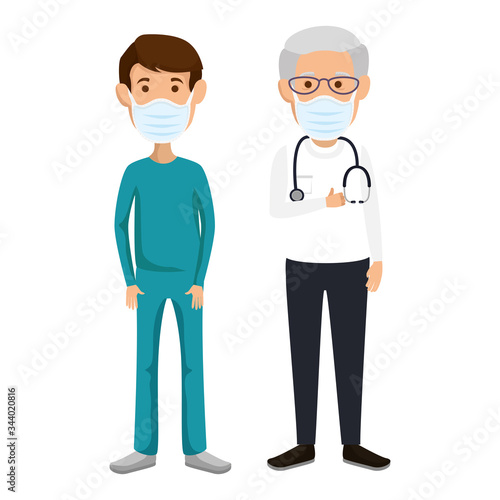 old doctor male with paramedic using face mask vector illustration design