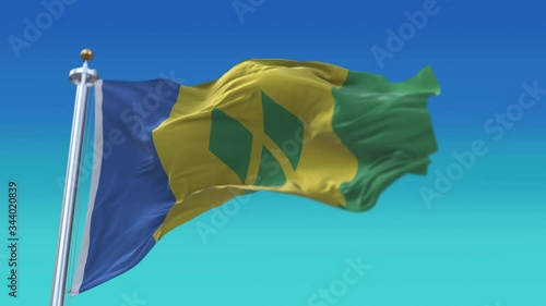 4k Saint Vincent and the Grenadines National flag slow loop seamless waving with visible wrinkles in wind blue sky background.A fully digital rendering;animation loops at 20 seconds. photo