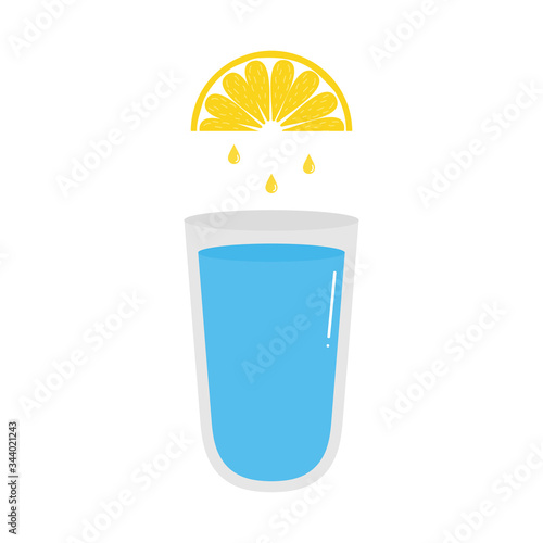 Slice of lemon squeezing into the glass of fresh water vector cartoon style illustration.
