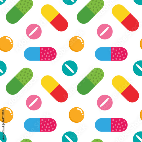 Colorful pills, vitamins, food suppliments vector cartoon style seamless pattern background.
