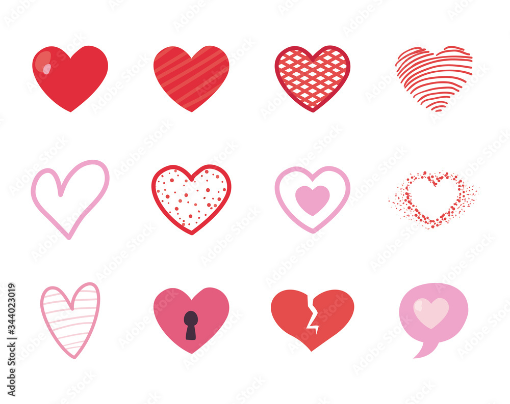 Hearts flat style icon set vector design