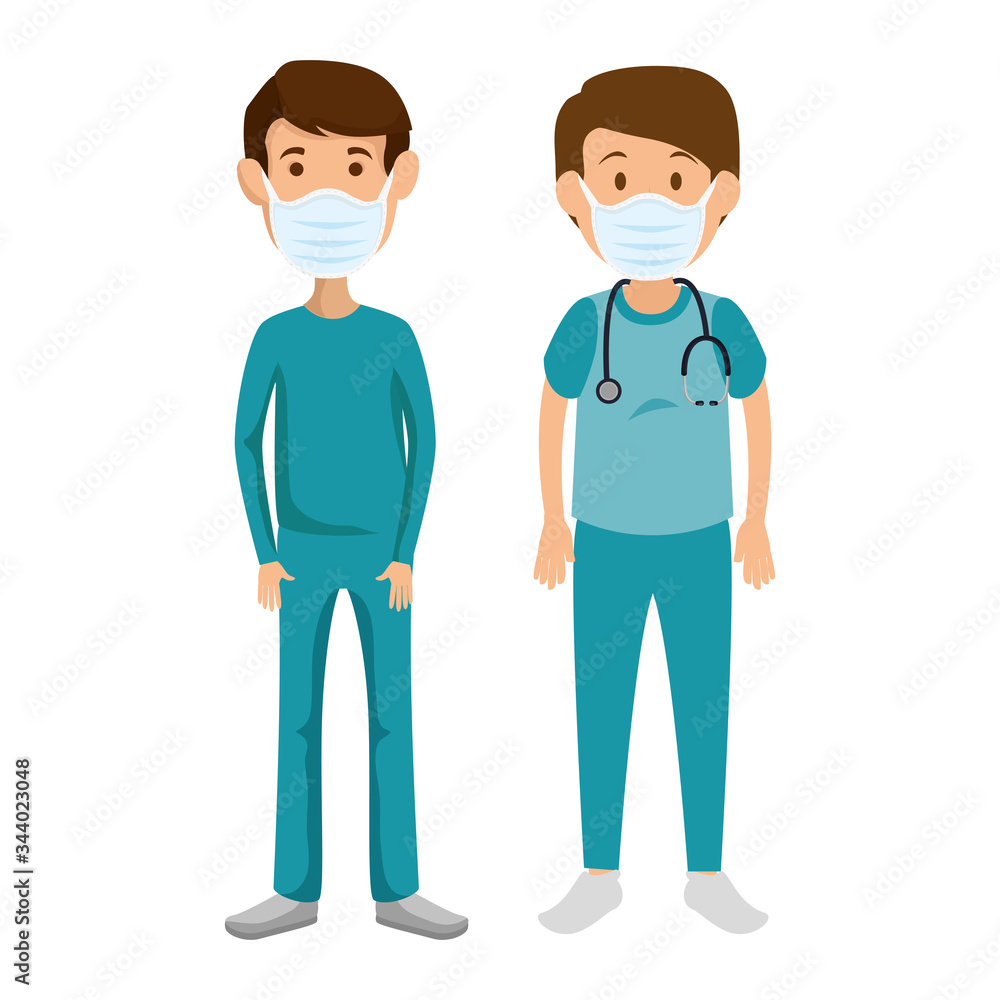 group men paramedics using face mask isolated icons vector illustration design