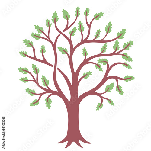 Figure brown tree with green leaves. Stylization of a medieval illustration. Graphic symbol, heraldry