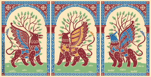 Decorative triptych of fantastic griffins. Stylization of medieval illustration.