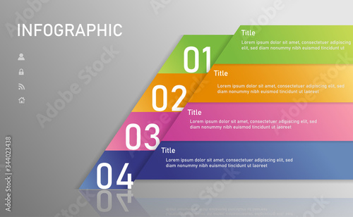 infographic list template element with 4 points and icons. use for describing or showing workflow, task, timeline, process, information on slide presentation, poster, brochure, banner, etc.