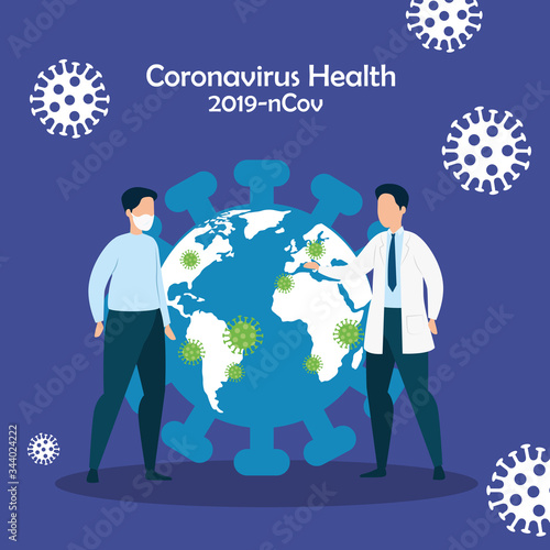 world planet with particles 2019 ncov and men vector illustration design