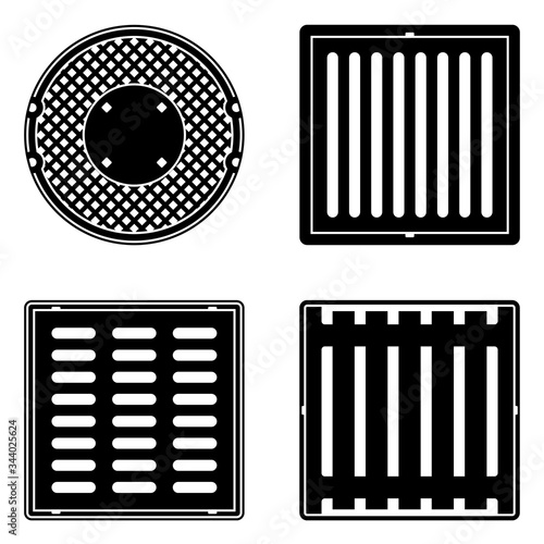 A set of vector sewer covers isolated on a white background. Can represent sewage, maintenance, city services, sanitation, a manhole cover, a drain, a restroom, and sewers.