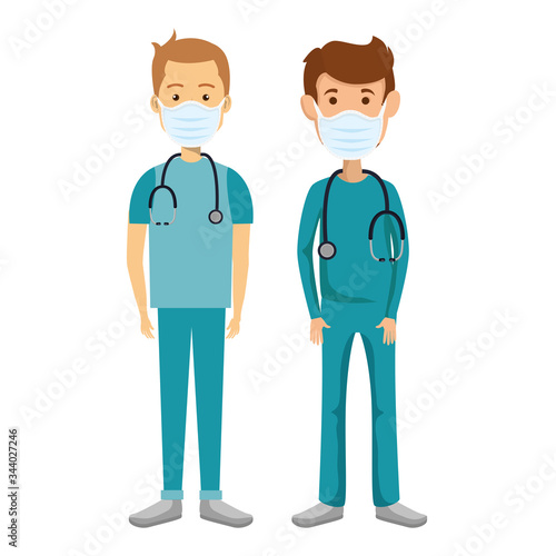 group men paramedics using face mask isolated icons vector illustration design