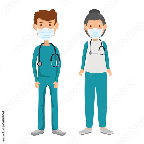 couple paramedics using face mask isolated icon vector illustration design