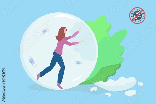 End of pandemic and quarantine. Happy girl is escaping from isolation. Finish of coronavirus outbreak concept. 