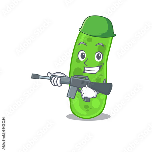 A cartoon picture of propioni bacteia in Army style with machine gun