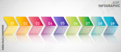 Timeline infographics design vector and marketing icons can be used for workflow layout, diagram, annual report, web design. Business concept with 9 options, steps or processes.