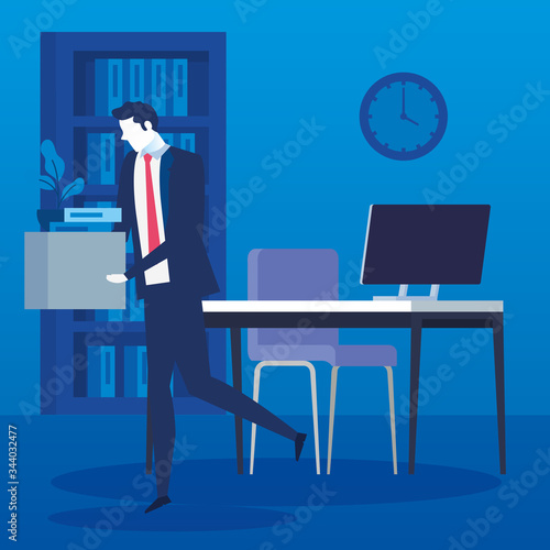 businessman unemployed sad and box with objects vector illustration design
