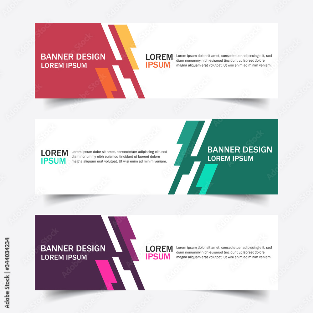 Collection red, green and purple horizontal business and corporate banner web template. Set of clean geometric abstract background with modern shapes. Simple creative cover header for website design.
