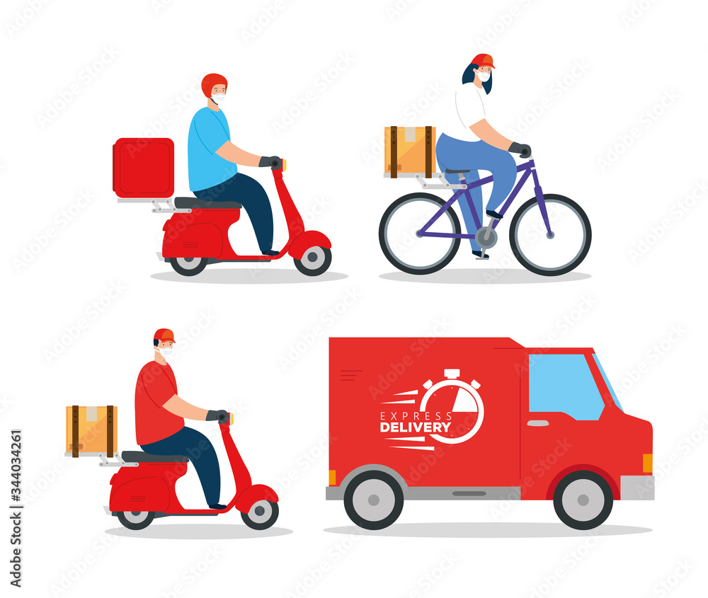 set scenes delivery workers using face mask and van vehicle vector illustration design