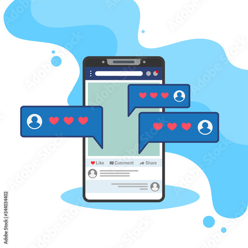 Vector illustration of a smartphone accessing social media. Suitable for social media marketing page, promoting business through online social networks, liking someone's posts. Like and heart icons.