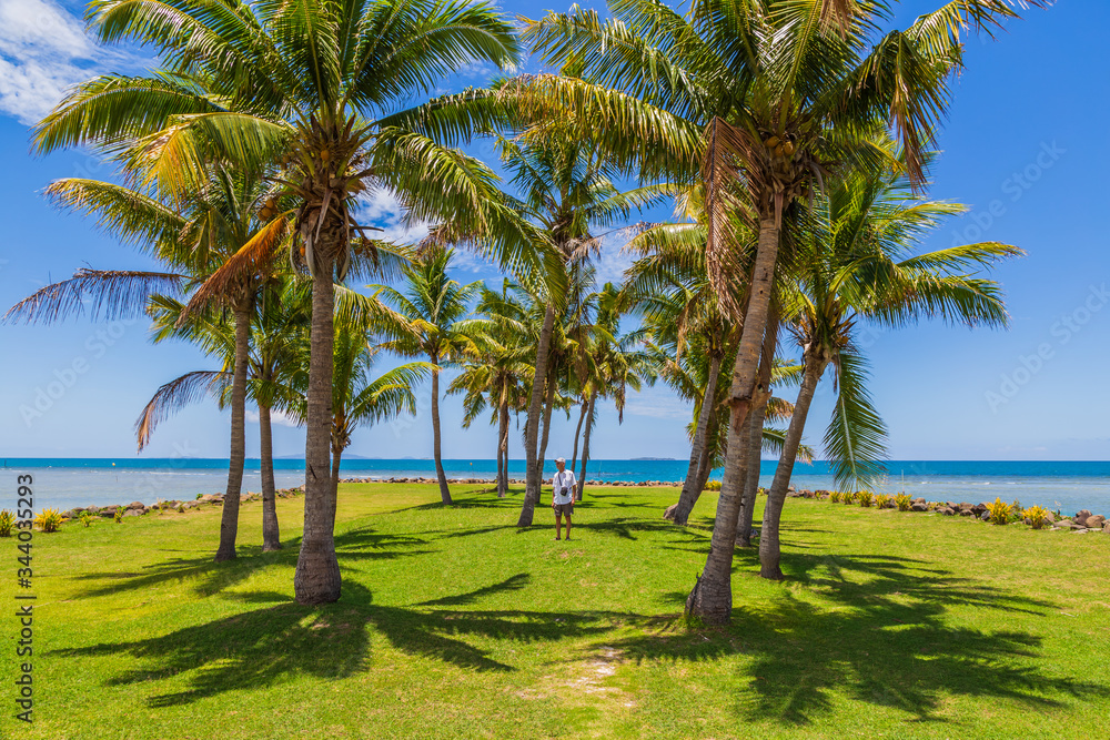 Elderly tourist standing among the palm trees next to the sea in Fiji. Elderly tourist standing among the palm trees next to the sea in Fiji.