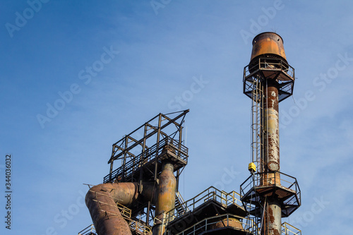 Huge and elaborate structure from an abandoned steel mill, Bethlehem Pennsylvania, blue sky copy space, horizontal aspect